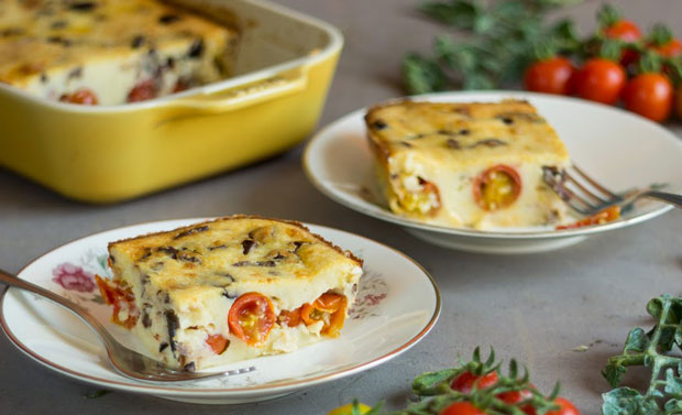 Clafoutis de tomates cerises, olives et banon