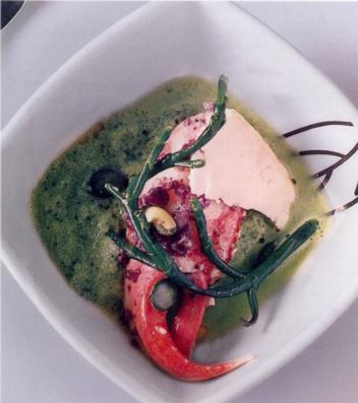 Homard poché, purée de concombre aux herbes