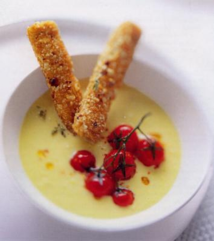 Soupe de maïs, sticks de poulet au cheddar