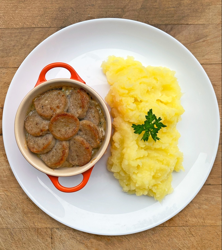 Cassolette de boudin blanc aux champignons, sauce au foie gras