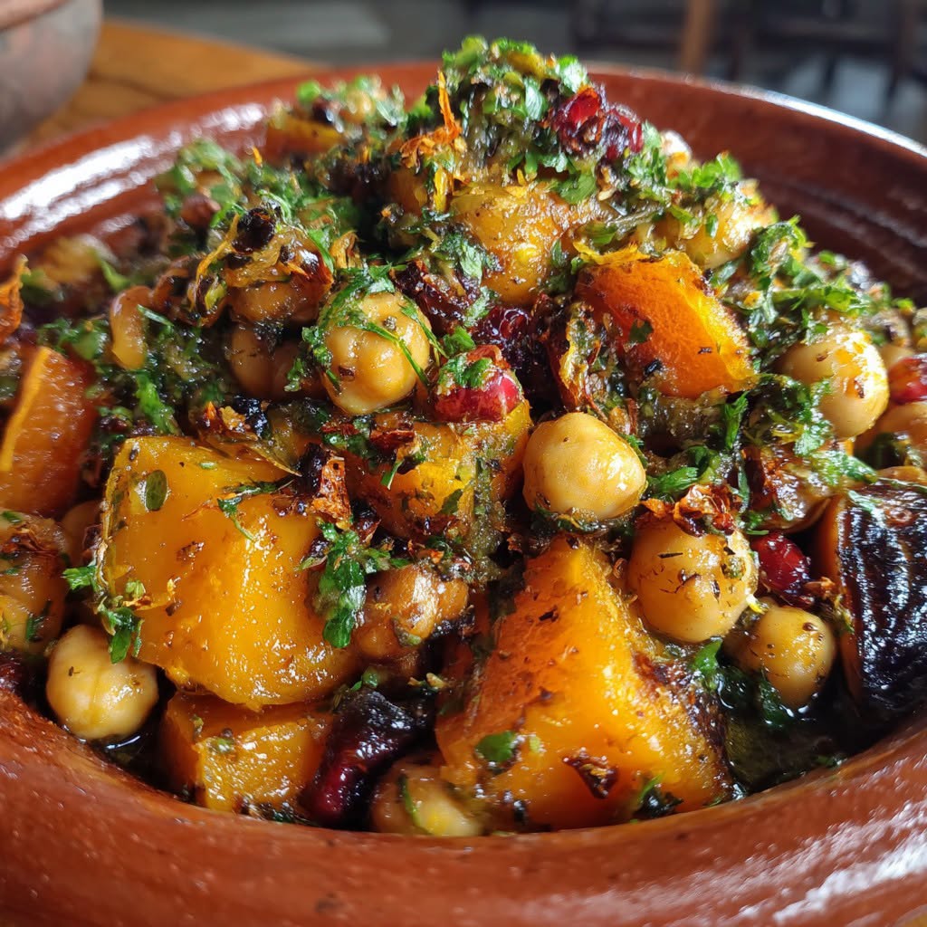 Tajine de potimarron, pois chiches & raisins secs au safran