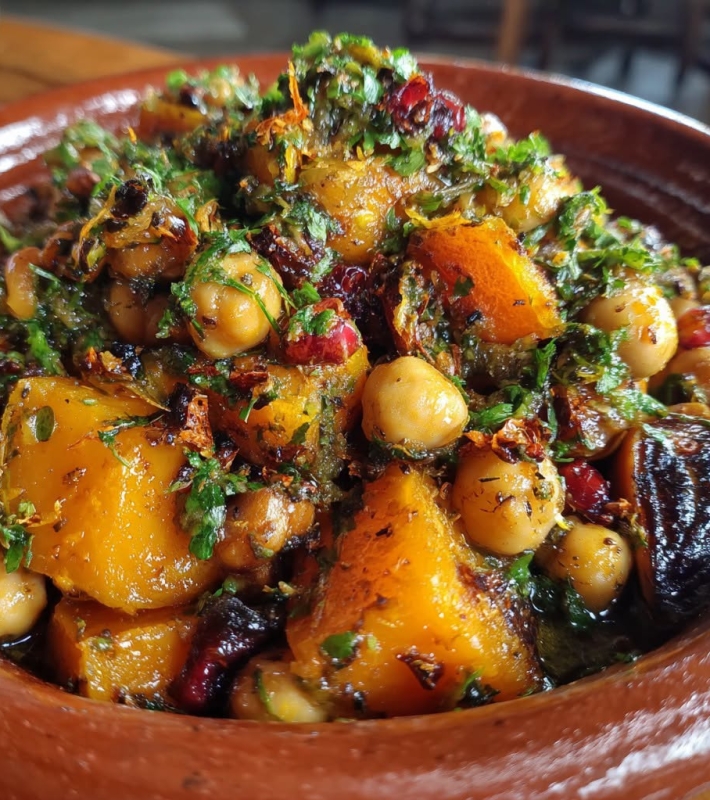 Tajine de potimarron, pois chiches & raisins secs au safran